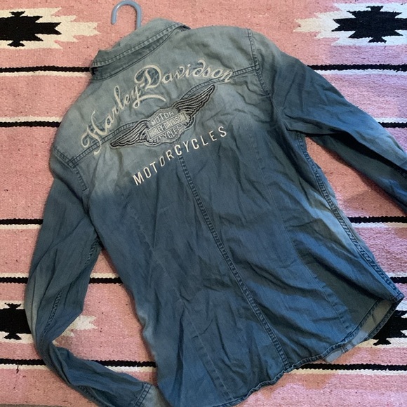 Harley Davidson 🦅denim snap up top Small - Picture 1 of 16